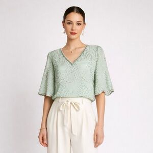 Vintage Silk Beaded Top S Mint Green Fairycore Retro Art Deco Blouse Judith Ann